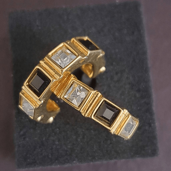 Swarovski Gold Plated Black and Clear Pierced Half Hoop Earrings Swan Signed‎ - Picture 1 of 7